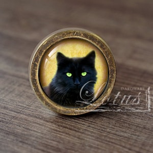 Może przedstawiać: Okrągła gałka do szafki z portretem czarnego kota z jasnozielonymi oczami na żółtym tle. Gałka ma ramę z metalu w kolorze brązu. Obraz znajduje się na drewnianej powierzchni.