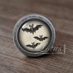 May include: A silver knob with a round, clear glass insert featuring a vintage illustration of three bats in flight against a cream background.