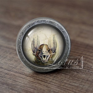 May include: A silver knob with a round, glass-like surface featuring a vintage illustration of a bat with its mouth open. The bat is brown and has white ears and a white nose.