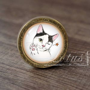 May include: A round, gold-colored cabinet knob with a glass insert featuring a black and white cat with a pink nose, winking, and holding up its paw. The cat is drawn in a cartoon style.