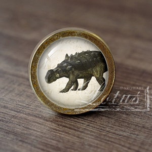 Pode incluir: Um botão de armário redondo de cor latão com um inserto de vidro que apresenta uma ilustração vintage de um dinossauro blindado. O botão tem um aspecto desgastado e envelhecido.