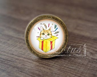 May include: A round, gold-coloured cabinet knob with a white and yellow design. A cat is peeking out of a yellow box with red stripes. Confetti surrounds the cat and box.