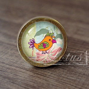 May include: A round, gold-toned cabinet knob with a glass insert featuring a cartoon bird with orange, green, and pink accents. The bird is perched on a pink and white flower with green leaves. The background is a light blue and green floral pattern.