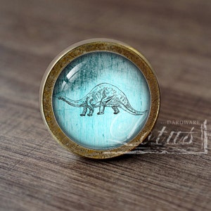 May include: A round, brass-colored cabinet knob with a blue glass insert featuring a black and white line drawing of a dinosaur. The knob has a rustic, aged look.