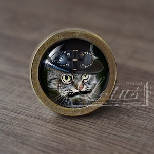 Op de afbeelding: Een ronde, messingkleurige kastknop met een glazen inzetstuk met een kat die een zwarte hoge hoed, een bril en een snor draagt.