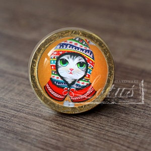 Może przedstawiać: Okrągła gałka do szafki z mosiężnym wykończeniem. Gałka przedstawia kolorową ilustrację kota w poncho z kapturem. Kot ma zielone oczy i jest osadzony na pomarańczowym tle.