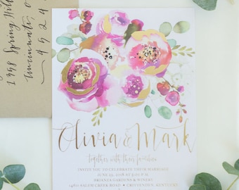 floral wedding invitations // pink watercolor wedding invites // floral watercolor // calligraphy // printable // custom