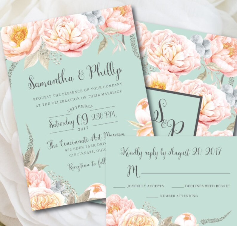 Mint Wedding Invitation Mint Wedding Mint And Peach Wedding Etsy