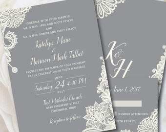 Grey Wedding Invitation, Lace Invitation, Wedding Invitation Printable, Vintage Wedding Invitation, Rustic Wedding Invitation, Lace
