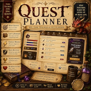 Puede incluir: Un planificador de misiones de fantasía con una interfaz digital, que presenta un dragón, una poción y una taza de café. El planificador incluye secciones para misiones, recompensas y hábitos, diseñadas para gamificar tareas y promover la productividad.