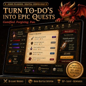 Planificador para TDAH (descarga digital) / Rastreador de misiones de rol gamificado / Productividad para personas neurodivergentes / Sprint de concentración / Recompensas de XP / Planificador interactivo