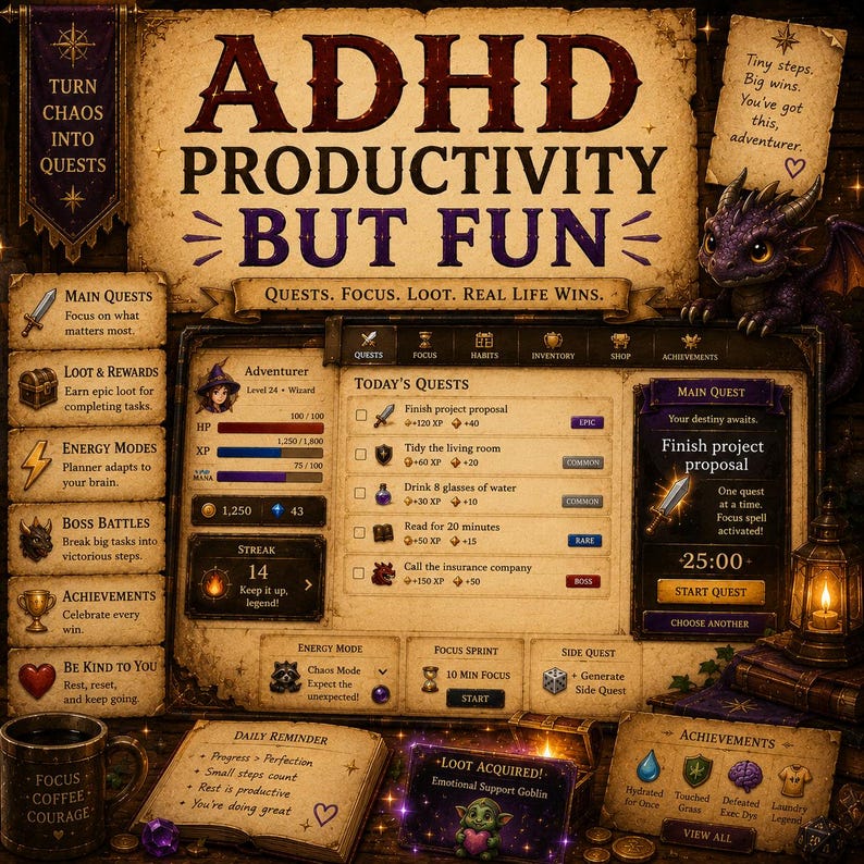 ADHD-planerare digital nedladdning | Gamifierad RPG-uppdragsspårare | Neurodivergent produktivitet | Focus Sprint | XP-belöningar | Interaktiv planerare bild 6
