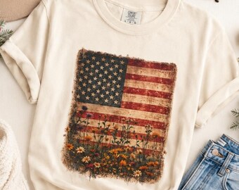 Distressed Patriotic Floral Shirt Retro Americana Tee
