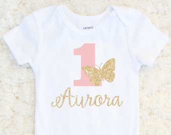 First Birthday Outfit Girl - Pink and Gold Butterfly Birthday Outfit - Baby Girls First Birthday - 1st Birthday Shirt - One Year Old Shirt