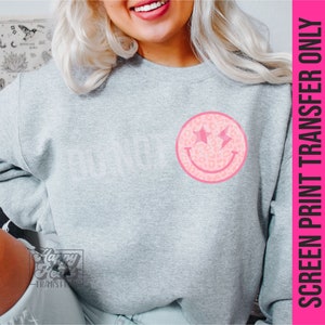 READY TO PRESS Screen Print Transfer Retro Pink Smiley Lightning Pocket Soft Feel Ink Ready For Press Heat Transfer only Full Color image 1