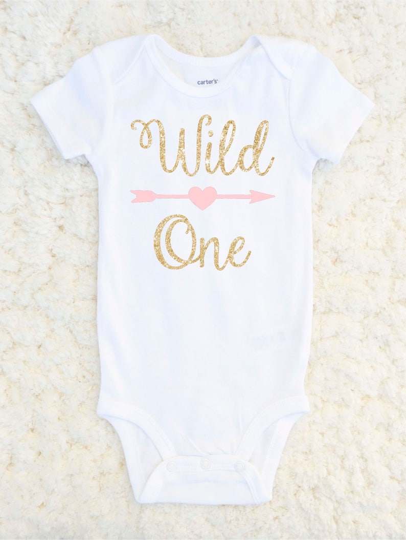 First Birthday Outfit Girl First Birthday Shirt Wild One Gold Pink Cake Smash Baby Girl Birthday Outfit 1st Birthday One Piece image 1