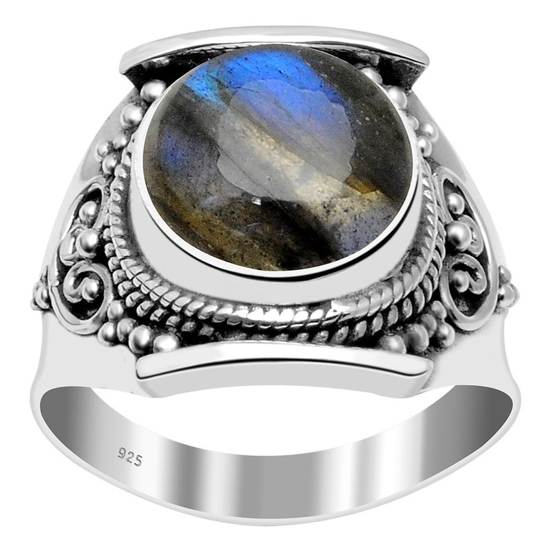 Round Gemstone Mom Gift. Birthstone Jewelry Turquoise Women Rings Labradorite Sterling Silver Black Onyx Malachite Ruby Smoky Quartz