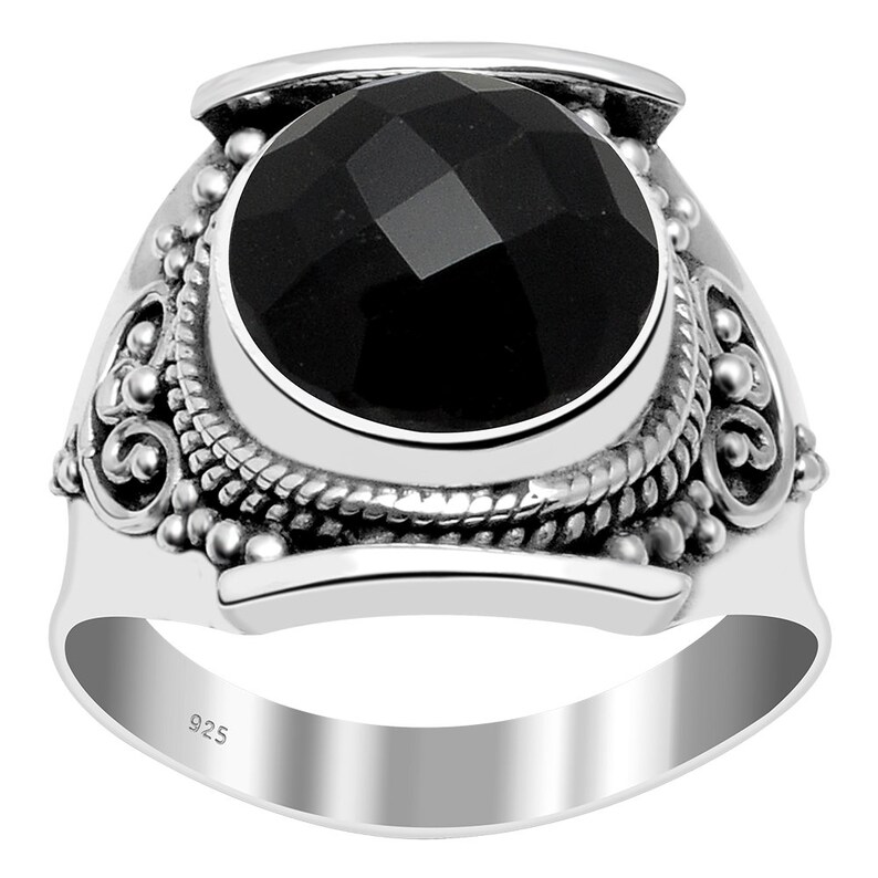 Round Gemstone Mom Gift. Birthstone Jewelry Turquoise Women Rings Labradorite Sterling Silver Black Onyx Malachite Ruby Smoky Quartz