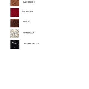 May include: Five different yarn skeins with labels: Dulce de Leche, Chili Powder, Cafecito, Tumbleweed, and Charred Mesquite.