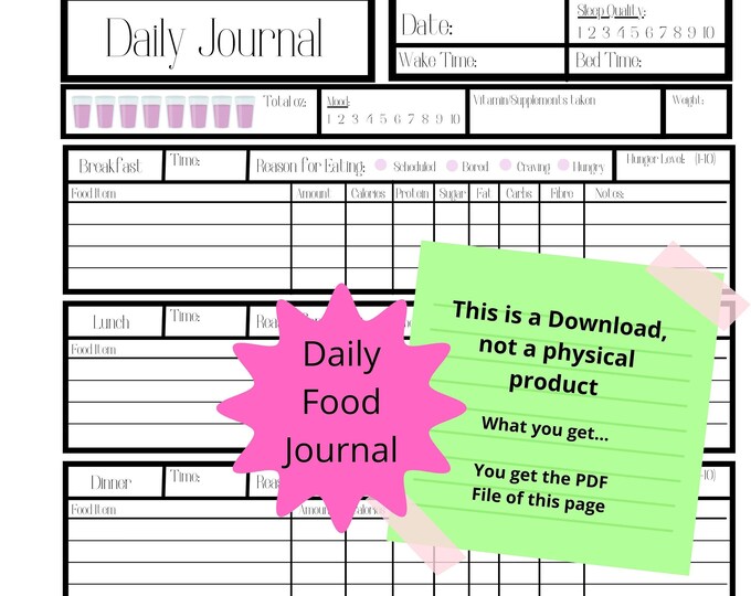 Daily Food Journal Printable Mindful Eating Bariatric Surgery Tracker ...