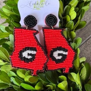 State of Georgia Earrings, Red and Black Beaded Earrings, College Game Day, Gift for Football Lover, Football Mom, Baseball Mom
