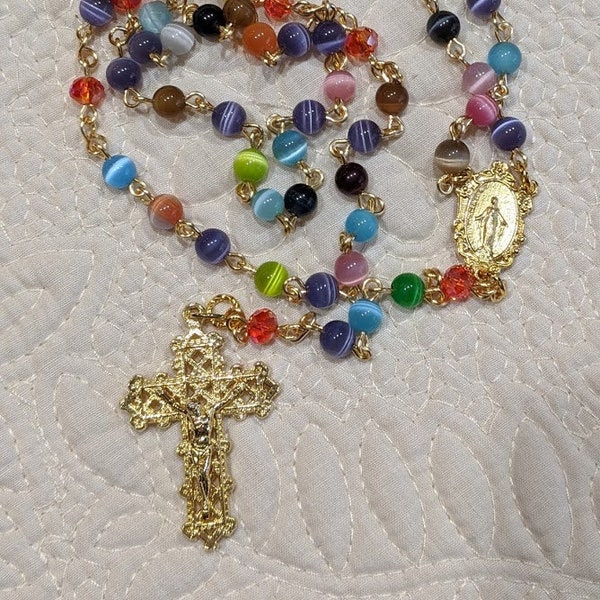 Colorful Small Cat's Eye and Crystal Rosary