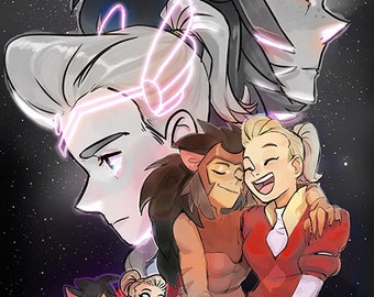 May include: A digital illustration of four characters from the animated series She-Ra and the Princesses of Power. The characters are Adora, Catra, Glimmer, and She-Ra. The background is a dark blue with stars. The characters are all smiling and looking at each other.