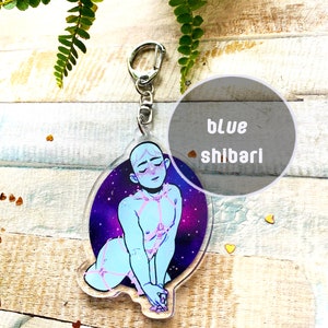 May include: A blue and purple galaxy-themed keychain featuring a cartoon character with pink straps and the text "blue shibari".