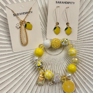 Lemon Jewelry, lemon earrings, lemon necklace, lemon bracelet, fruit jewelry, chunky beaded bracelet
