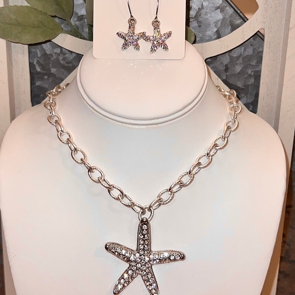 Sparkling Rhinestone Starfish Handmade Necklace, Rhinestone Necklace, Faux Diamond Necklace, Starfish Necklace, Starfish Earrings