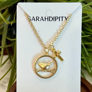Handmade Mustard Seed Cross and Bird Necklace, Mustard Seed Necklaces, Mustard Seed Cross Necklaces, Mustard Seed Jewelry