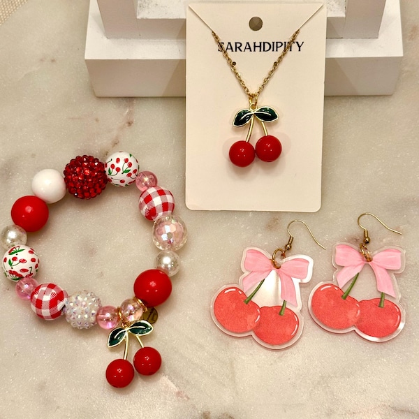Cherry Jewelry, cherry earrings, cherry necklace, cherry bracelet, fruit jewelry, chunky beaded bracelet