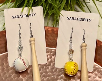 Baseball/Softball and Bat/ Oversized Bat and Ball Mismatch Dangle HandBeaded Earrings/ Sports Earrings