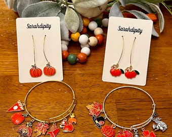 Thanksgiving Charm Jewelry, Thanksgiving Bangle Bracelets  Earrings, Turkey Bracelets, Pumpkin Earrings, Holiday Bracelets Earrings
