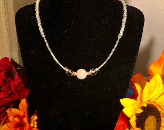 Genuine Rose Quartz and Clear Quartz Crystal and Glass Handmade Beaded Necklace