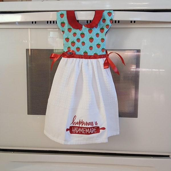 Happiness Is Homemade Stove Handle Towel Dress, Red Strawberry Oven Door Hanger, Teal Summer Kitchen Decor, New Home or Hostess Gift