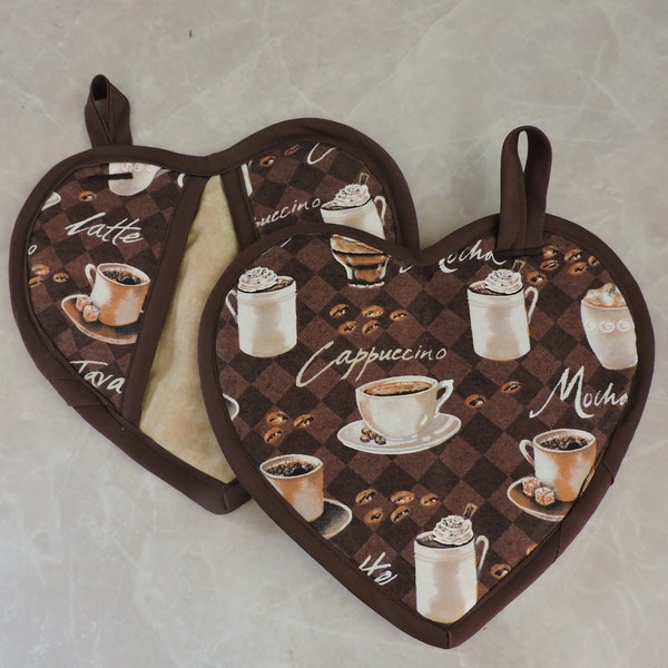 Set Of 2 Coffee Heart Potholders, Cafe Oven Mitts, Cute Hostess Gift, Coffee Kitchen Decor
