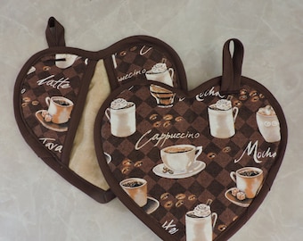 Coffee Heart Potholders Set, Handmade Kitchen Decor