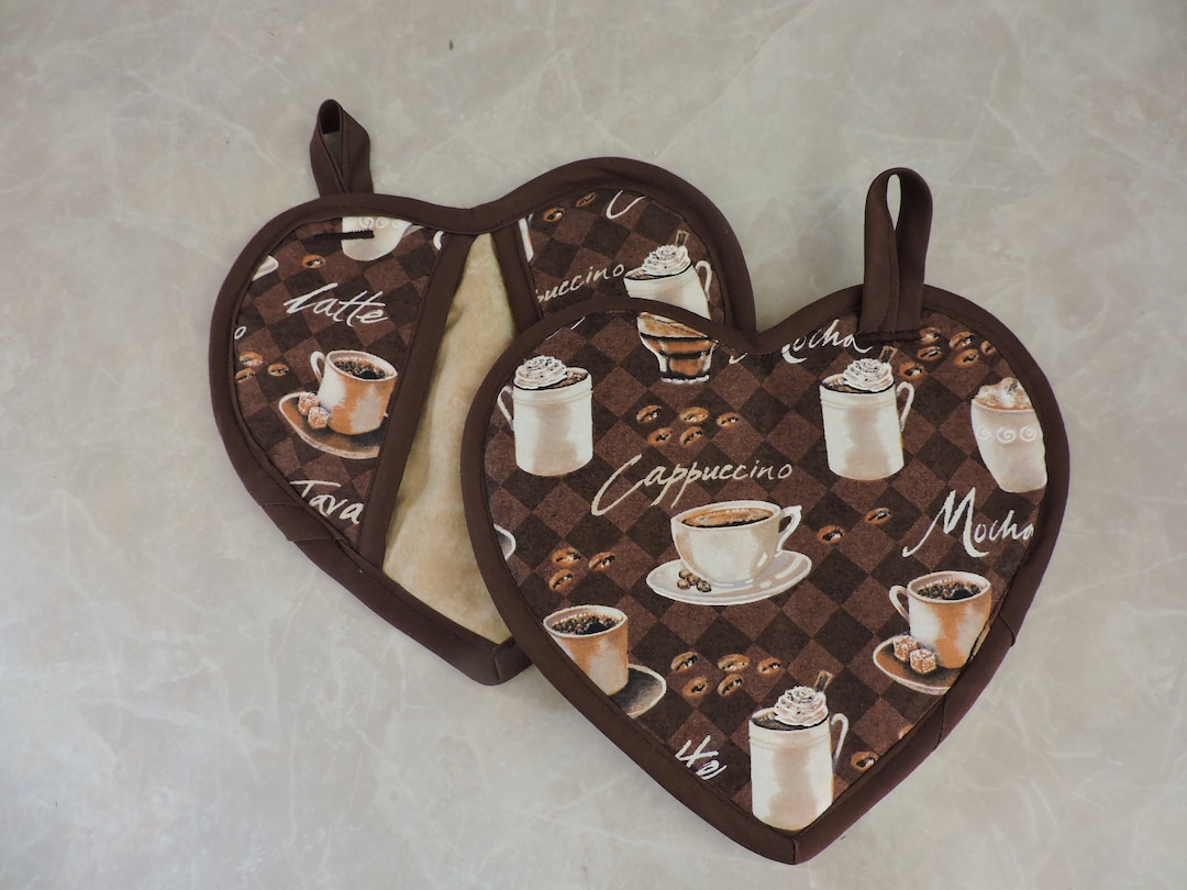 Set of 2 Coffee Heart Potholders, Cafe Oven Mitts, Cute Hostess Gift
