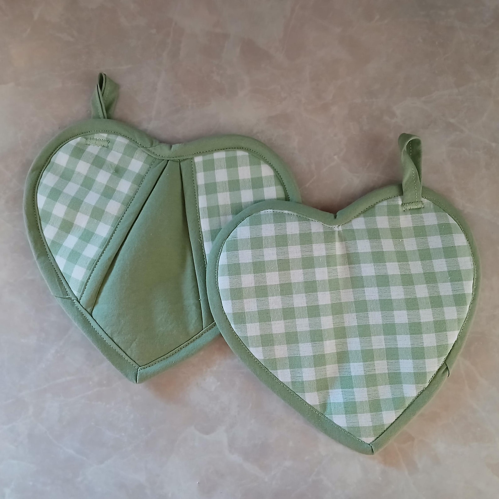 Set of Two Sage Green Homespun Heart Potholders,
