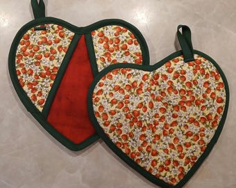 Strawberry Heart Potholders, Summer Kitchen Decor, Hostess Gift (Set of Two)