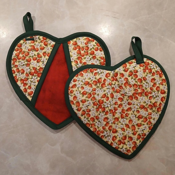 Strawberry Heart Potholders, Summer Kitchen Decor, Hostess Gift (Set of Two)