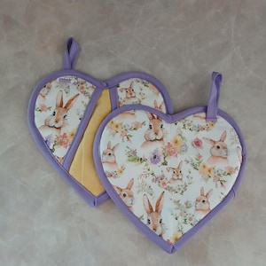 Spring Bunny Rabbit Heart Potholders, Purple and Yellow Insulated Oven Mitts, Set of Two