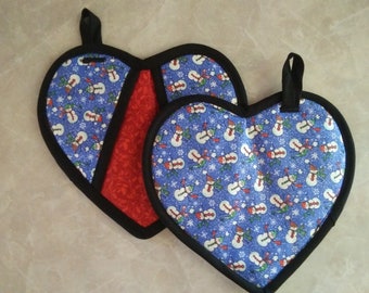 Set of 2 Snowman Heart Potholders, Cute Winter Oven Mitts, Snowmen Pot Pinchers, Kitchen Decor, Hostess Gifts