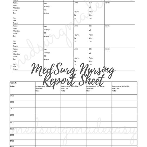 Medical Surgical Nursing Report Sheet Etsy