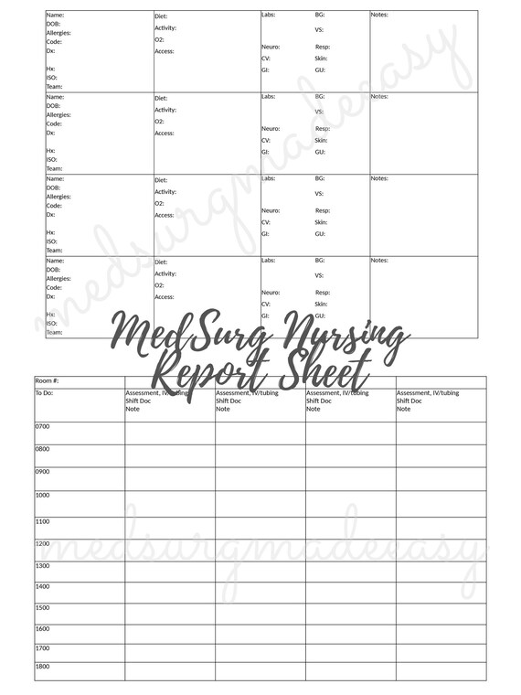 Medical Surgical Nursing Report Sheet Etsy
