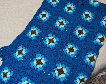 Huge Vintage crocheted granny square blue boho blanket