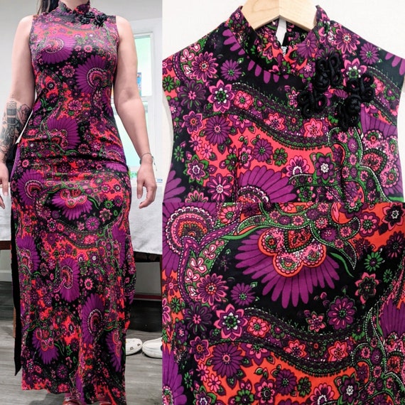 Vintage 1960s/1970s Psychedelic Paisley Cheongsam… - image 3