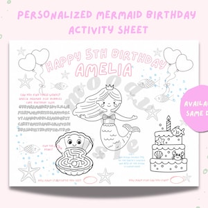 Hoja de actividades de cumpleaños personalizada de sirena