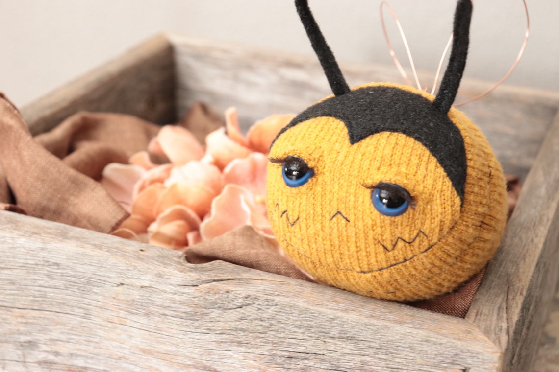 Love Beez up-cycled knit fabric bee heirloom doll blue ...